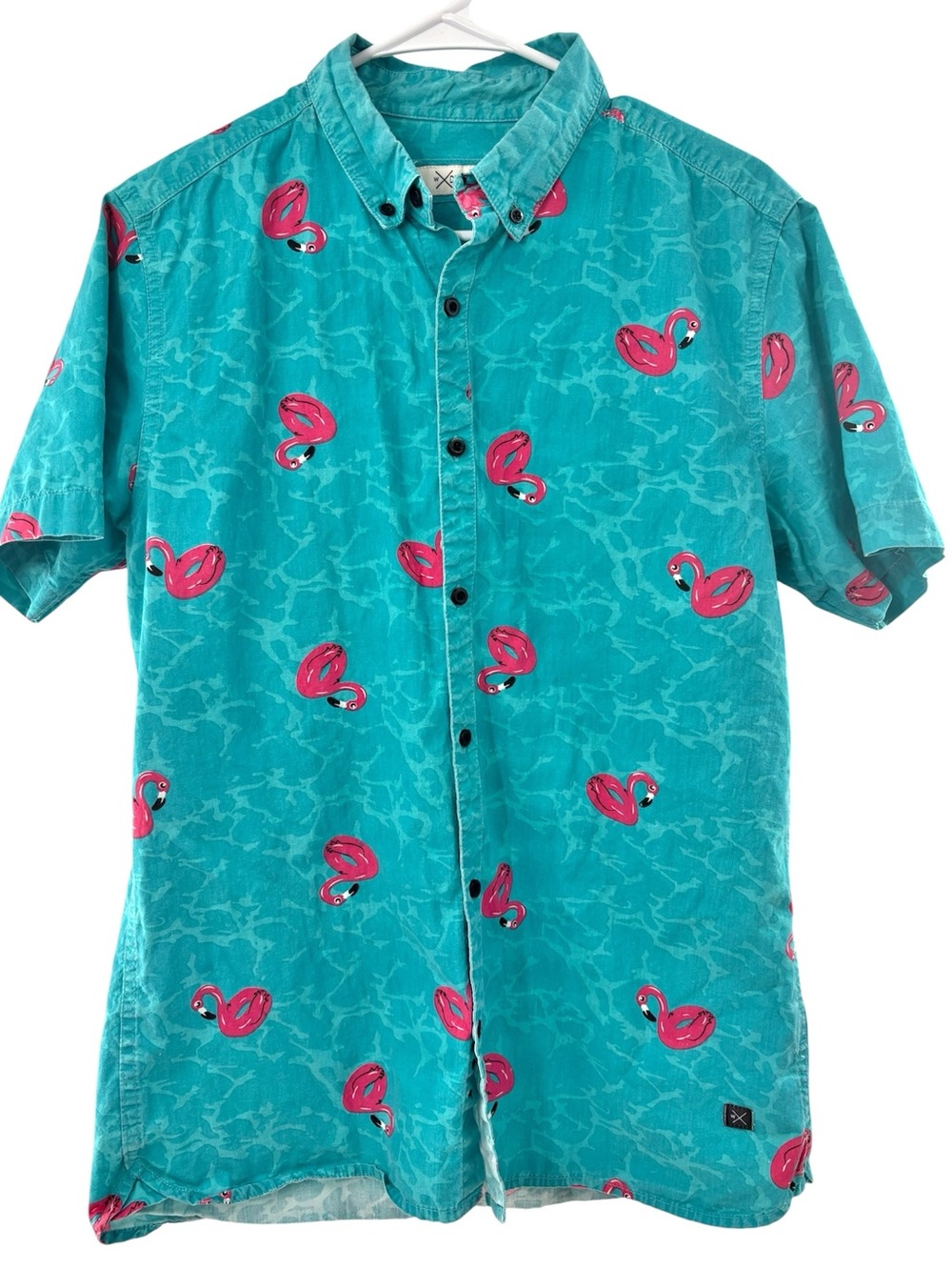 DEPARTWEST I  Shirt Short-Sleeve Button-Up Pink Flamingo Floaty Medium Turquoise